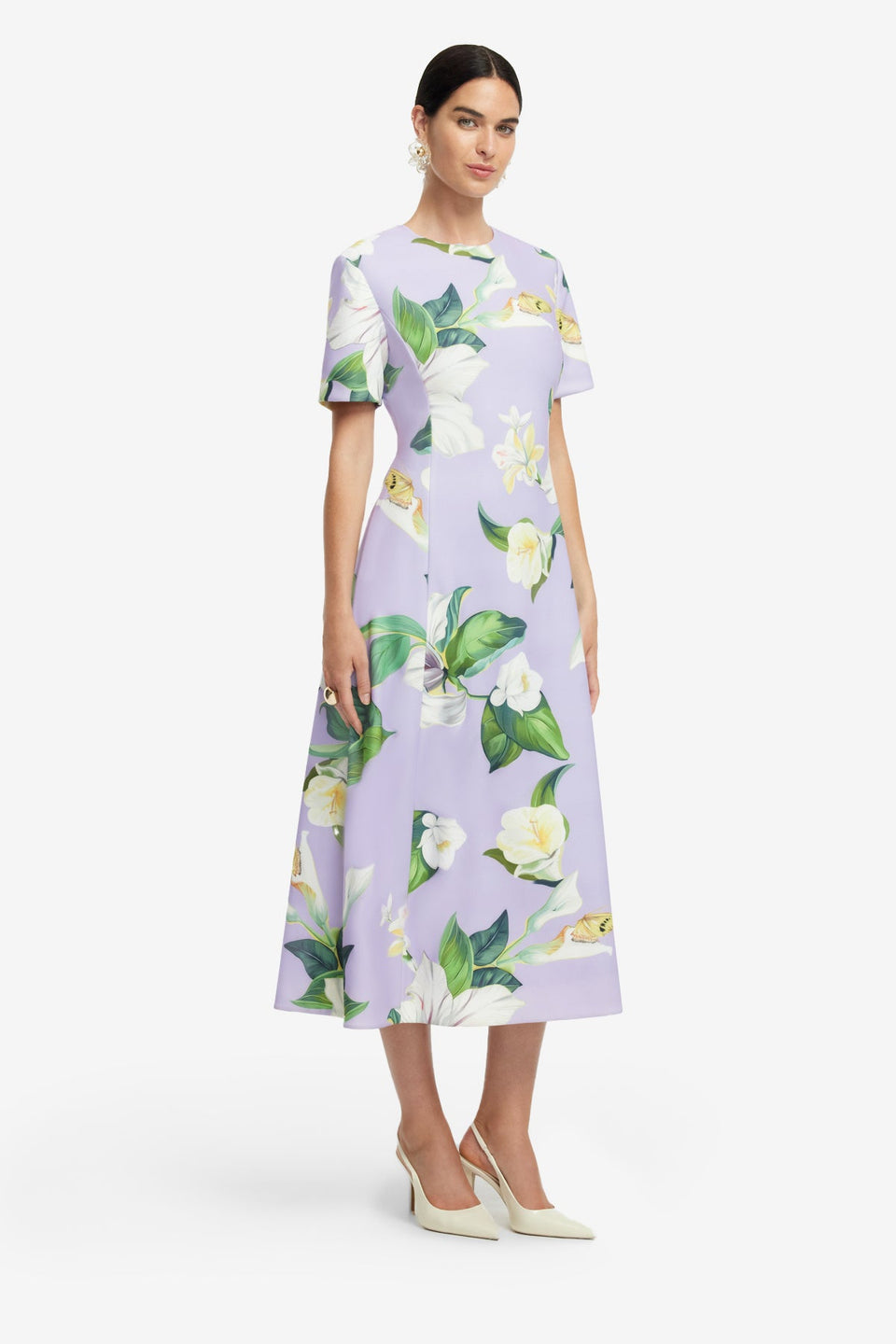 Exclusive LEO LIN Caroline Short Sleeve Midi Dress - Lily Blossom Print in Lilac
