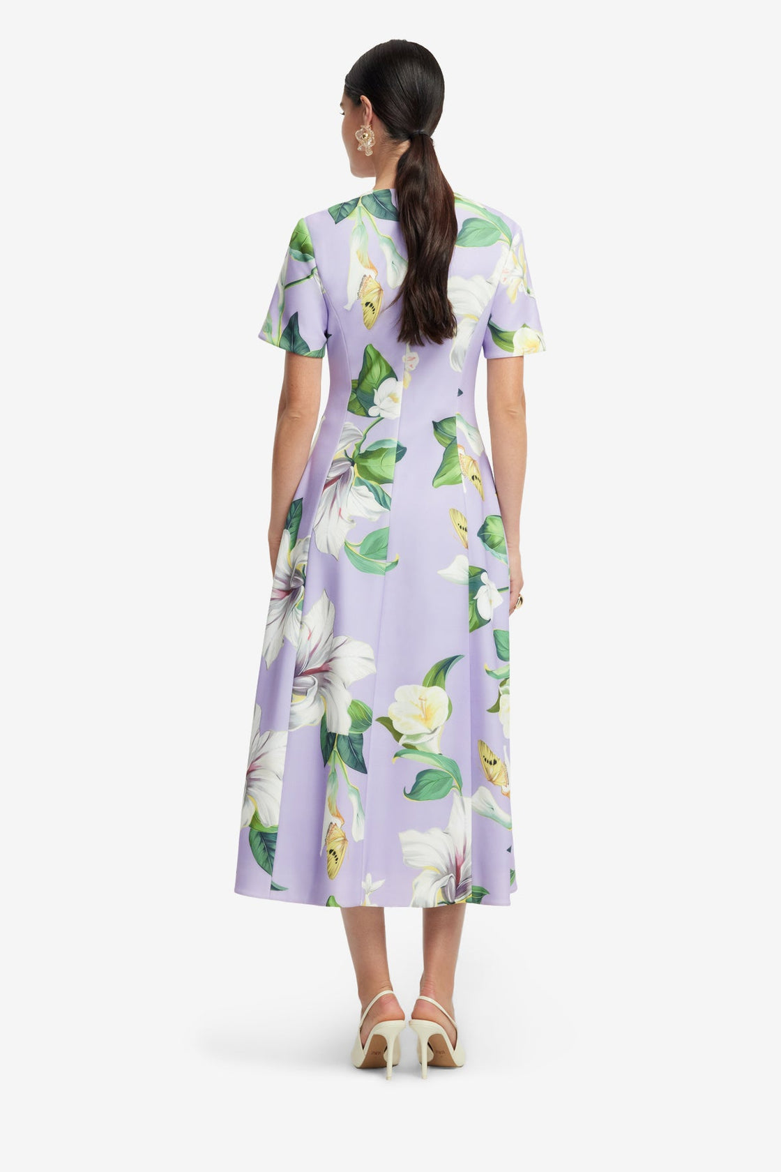 Exclusive LEO LIN Caroline Short Sleeve Midi Dress - Lily Blossom Print in Lilac