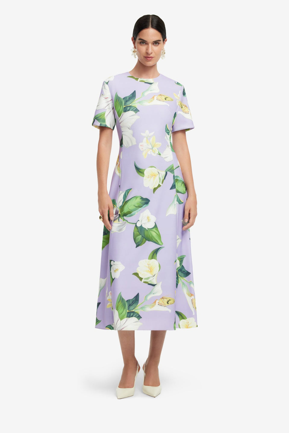 Exclusive LEO LIN Caroline Short Sleeve Midi Dress - Lily Blossom Print in Lilac