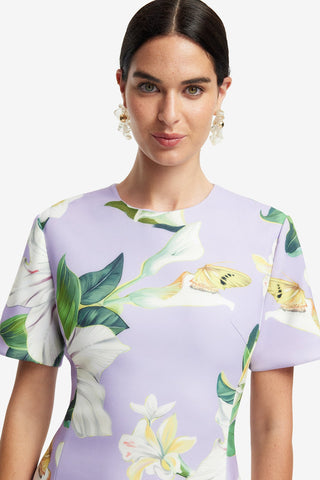 Exclusive LEO LIN Caroline Short Sleeve Midi Dress - Lily Blossom Print in Lilac