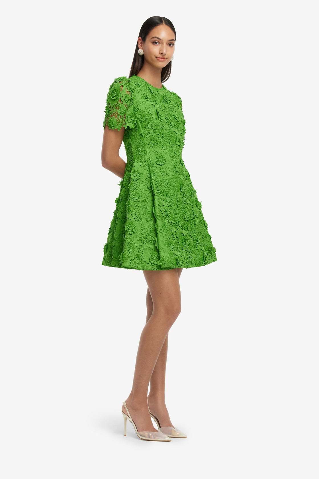 green short sleeve mini dress Green Woven Ruched Short Sleeve Mini Dress