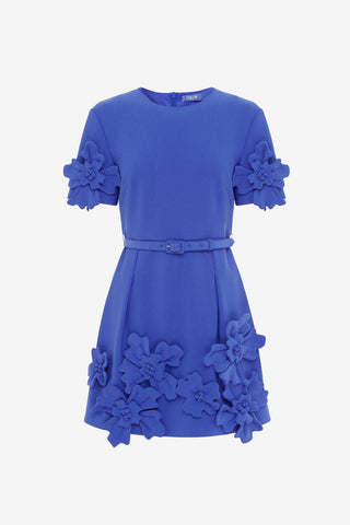 Exclusive LEO LIN Aurelie Floral Appliqué Short Sleeve Mini Dress - Lapis