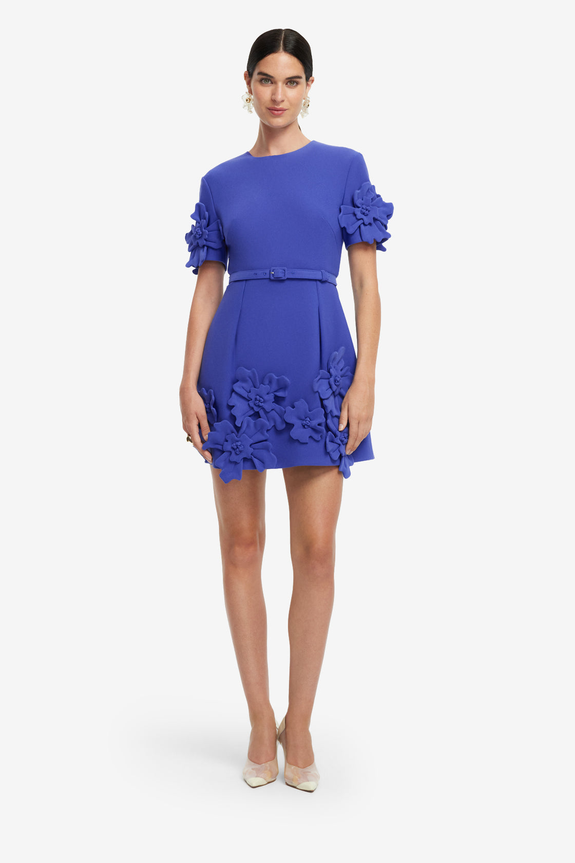 Exclusive LEO LIN Aurelie Floral Appliqué Short Sleeve Mini Dress - Lapis