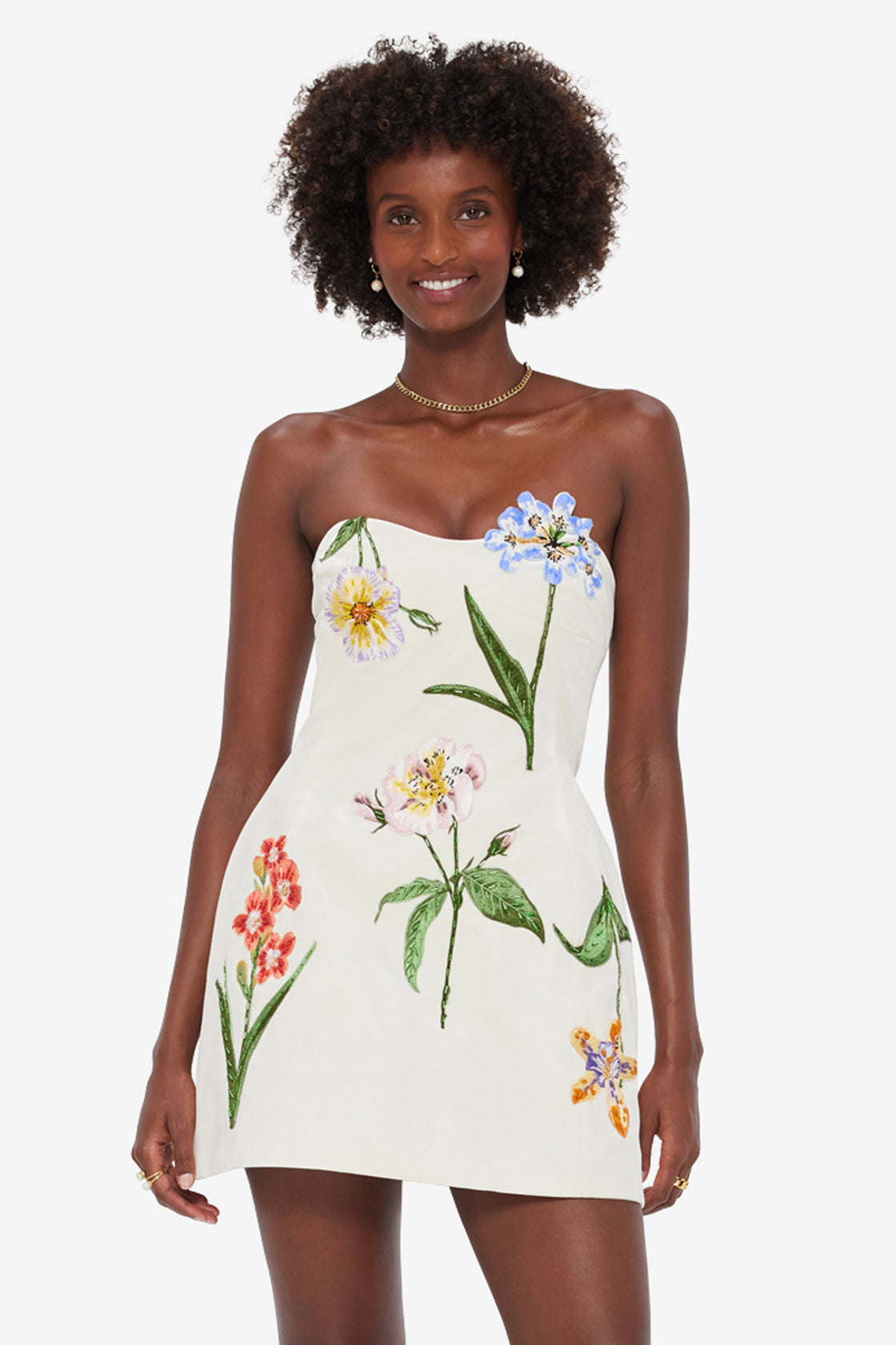 LEO LIN - Rosario Velvet Mini Dress - Botanical Print in Snow LEO LIN - Rosario Velvet Mini Dress - Botanical Print in Snow
