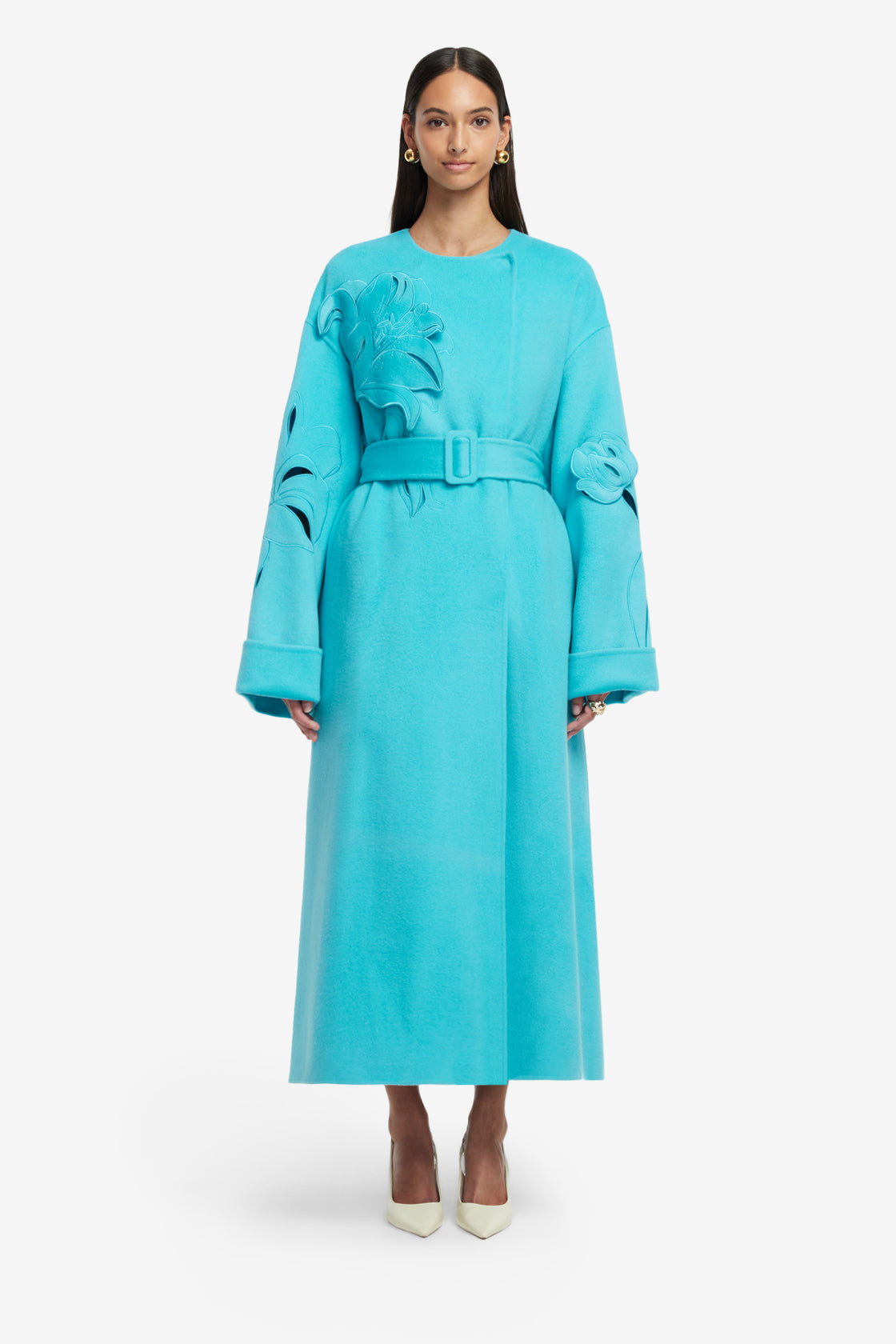 Exclusive LEO LIN Celestine Appliqué Wool Coat - Aqua