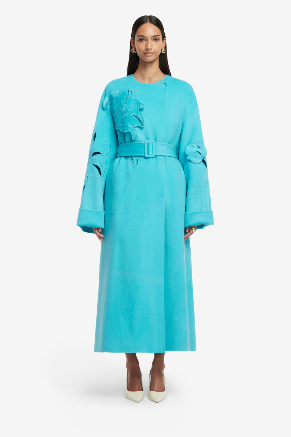 Exclusive LEO LIN Celestine Appliqué Wool Coat - Aqua