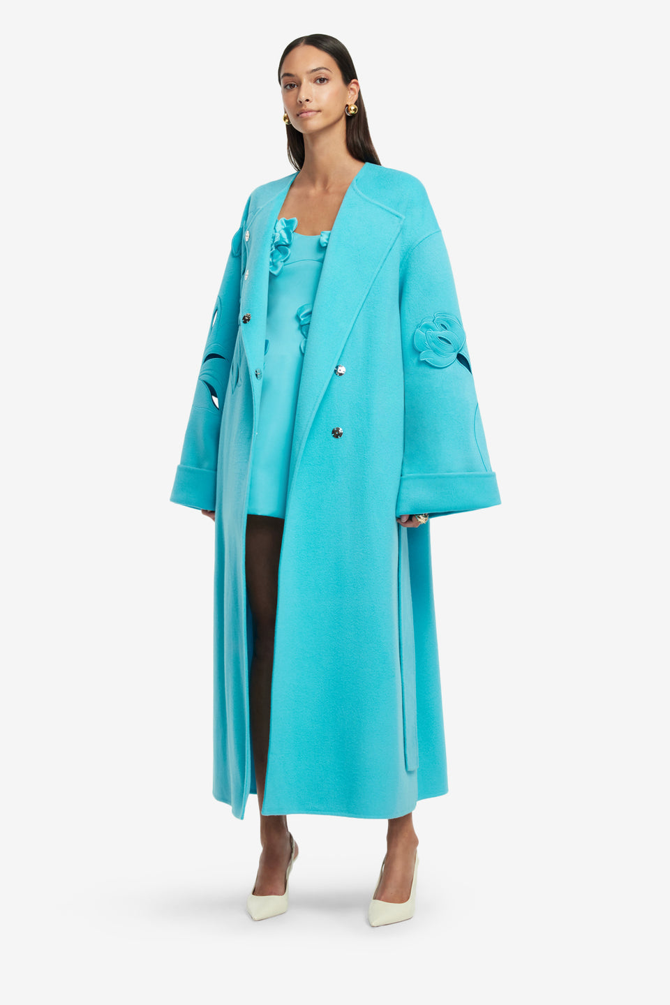 Exclusive LEO LIN Celestine Appliqué Wool Coat - Aqua