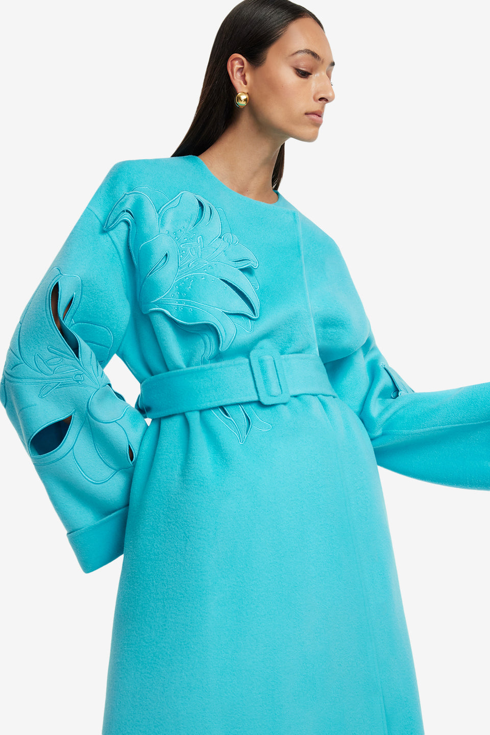 Exclusive LEO LIN Celestine Appliqué Wool Coat - Aqua