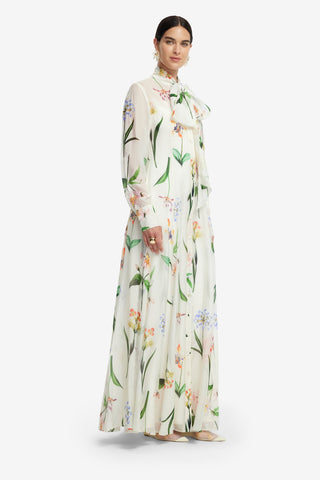 Lilith Tie Neck Maxi Dress - Botanical Print in Snow Dress Maxi