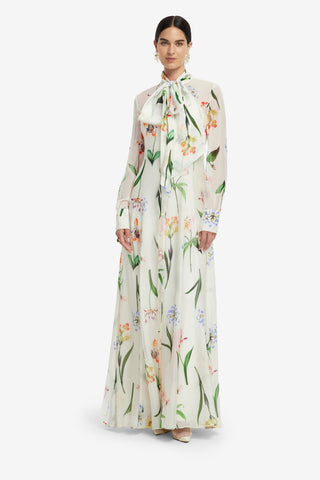 Lilith Tie Neck Maxi Dress - Botanical Print in Snow Dress Maxi