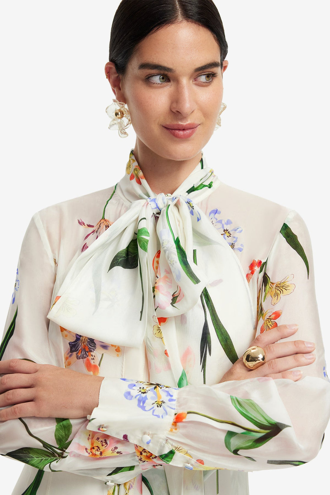 Lilith Tie Neck Maxi Dress - Botanical Print in Snow Dress Maxi
