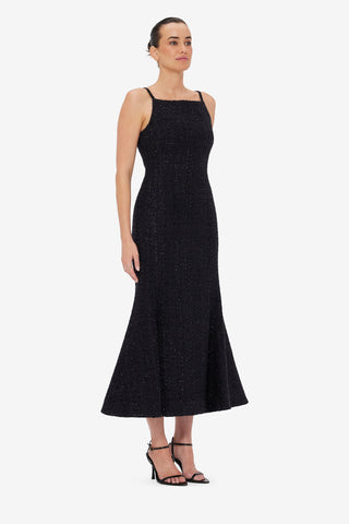 Exclusive LEO LIN Regina Tweed Midi Dress - Ebony