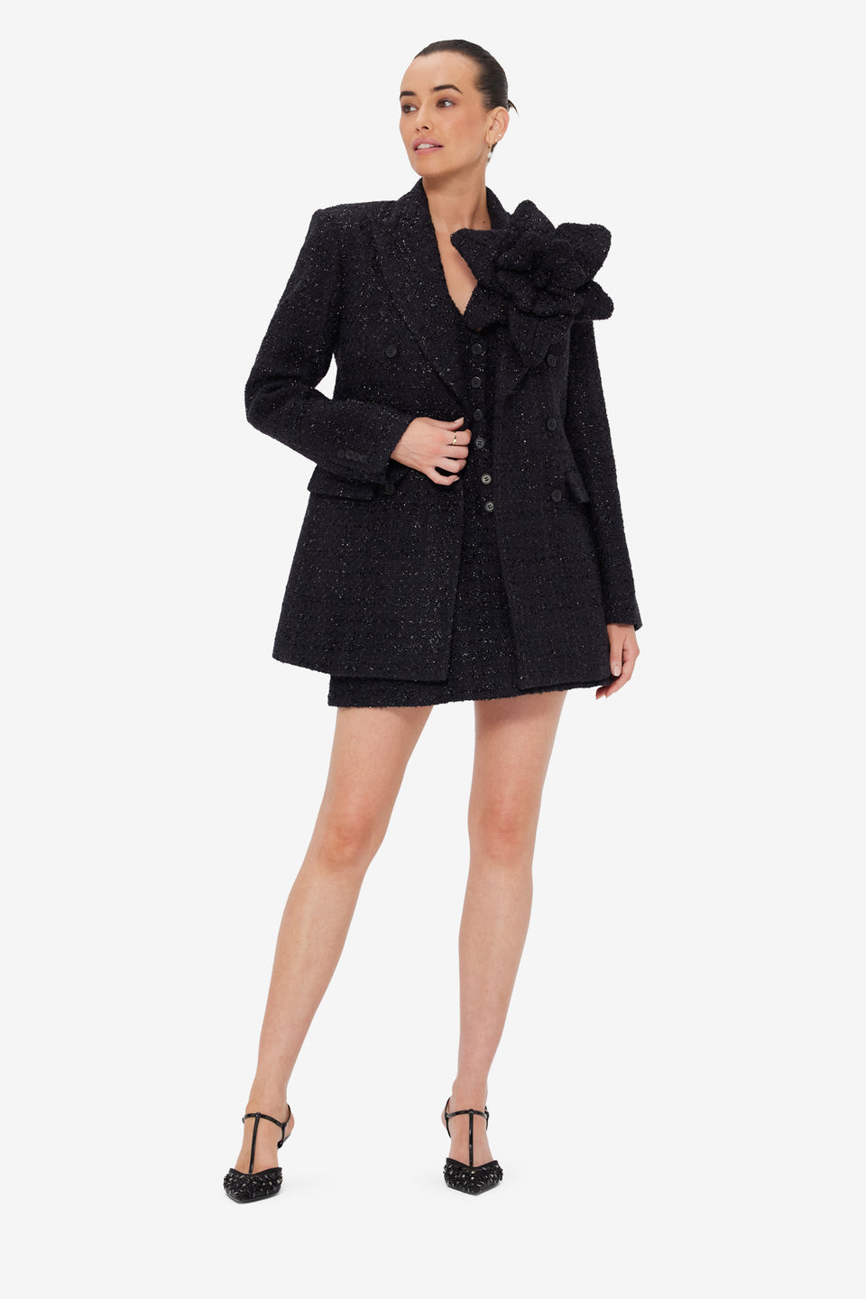 Exclusive LEO LIN Jazlyn Tweed Blazer - Ebony