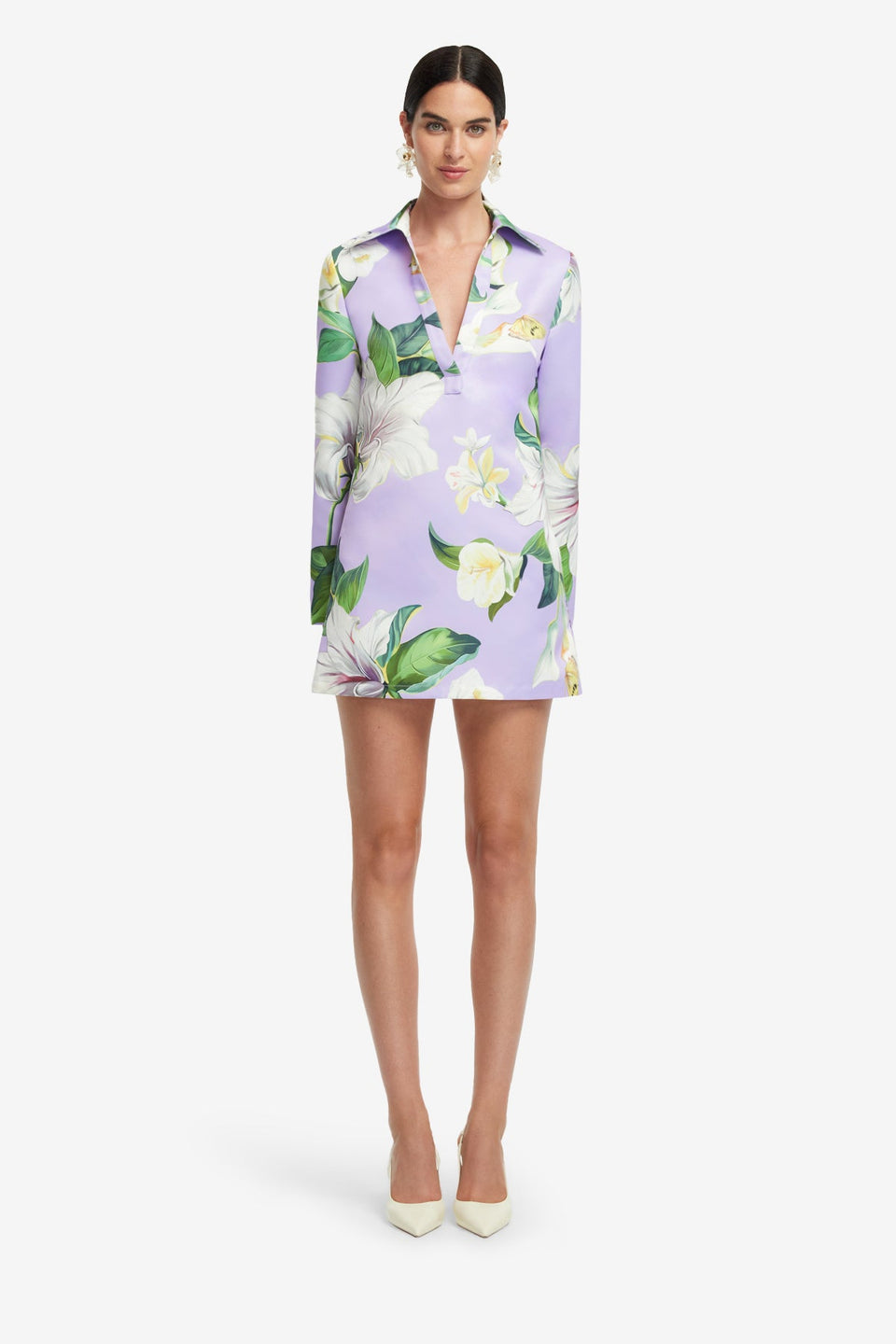 Exclusive LEO LIN Acacia Shirt Mini Dress - Lily Blossom Print in Lilac