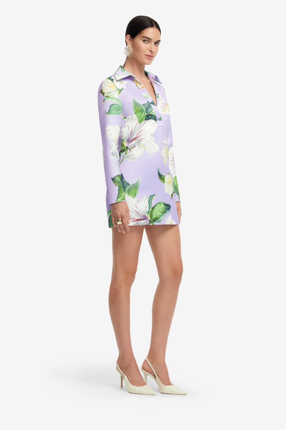 Exclusive LEO LIN Acacia Shirt Mini Dress - Lily Blossom Print in Lilac