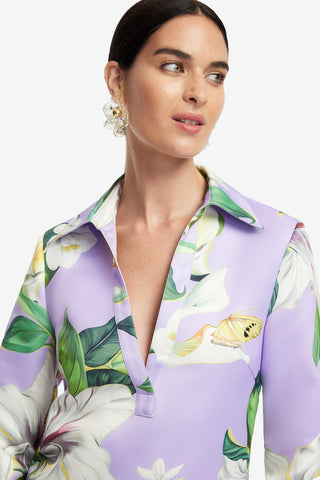 Exclusive LEO LIN Acacia Shirt Mini Dress - Lily Blossom Print in Lilac