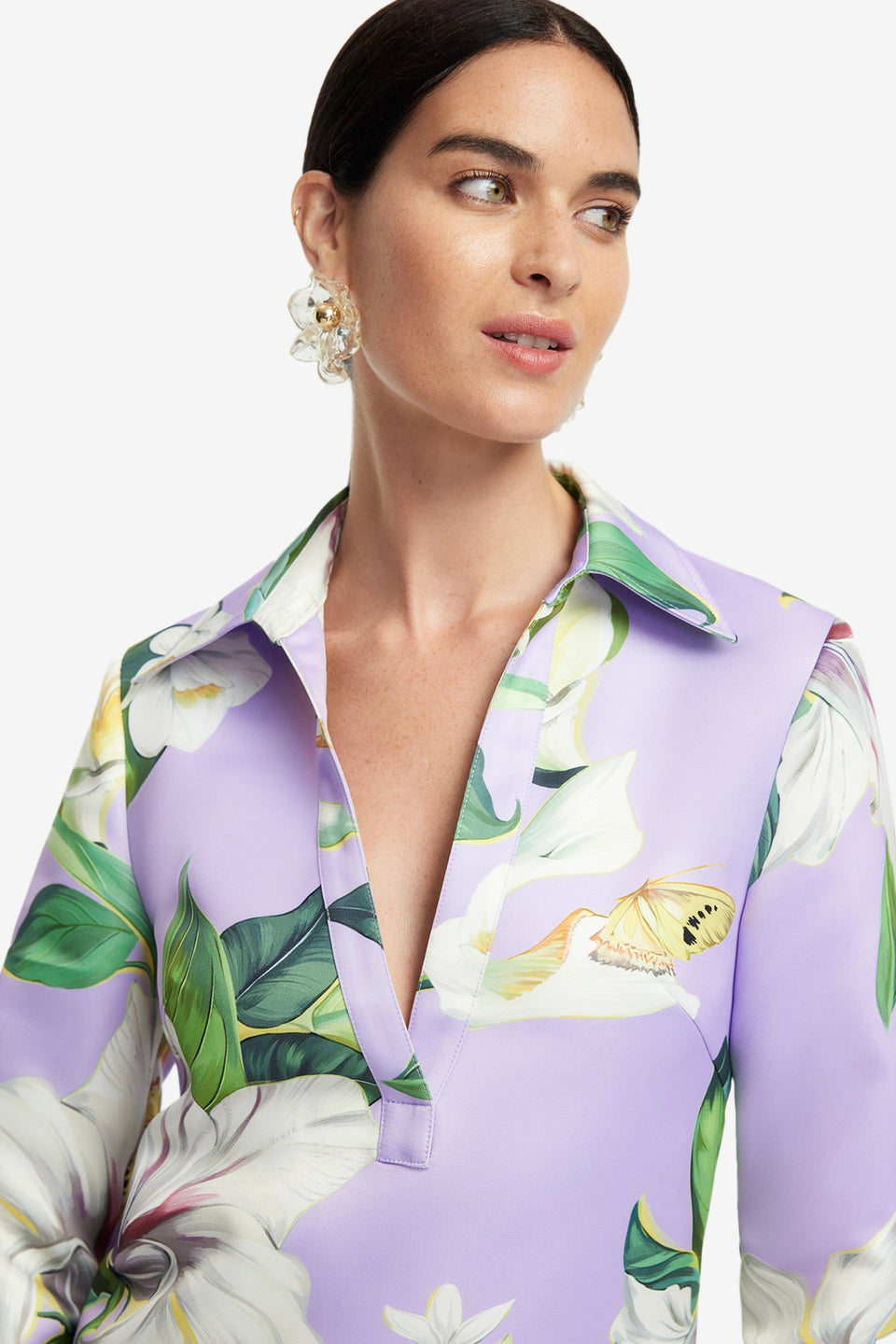 Exclusive LEO LIN Acacia Shirt Mini Dress - Lily Blossom Print in Lilac