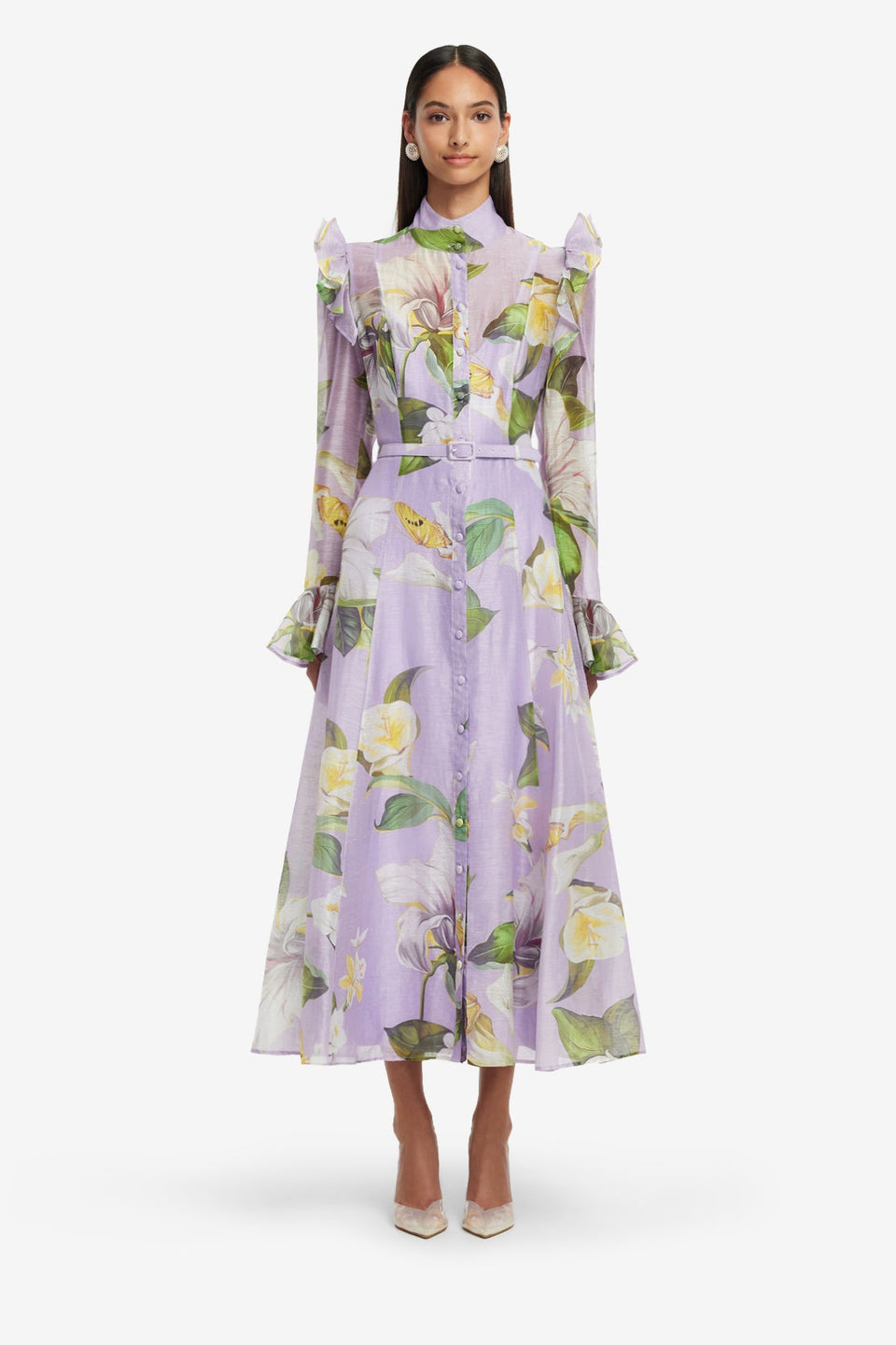 Exclusive LEO LIN Katrina Butterfly Sleeve Midi Dress - Lily Blossom Print in Lilac