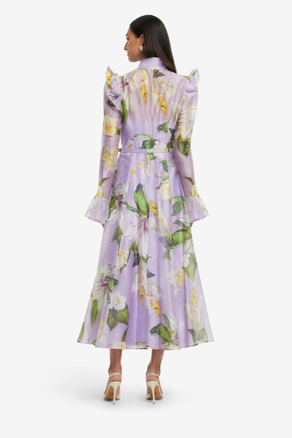 Exclusive LEO LIN Katrina Butterfly Sleeve Midi Dress - Lily Blossom Print in Lilac