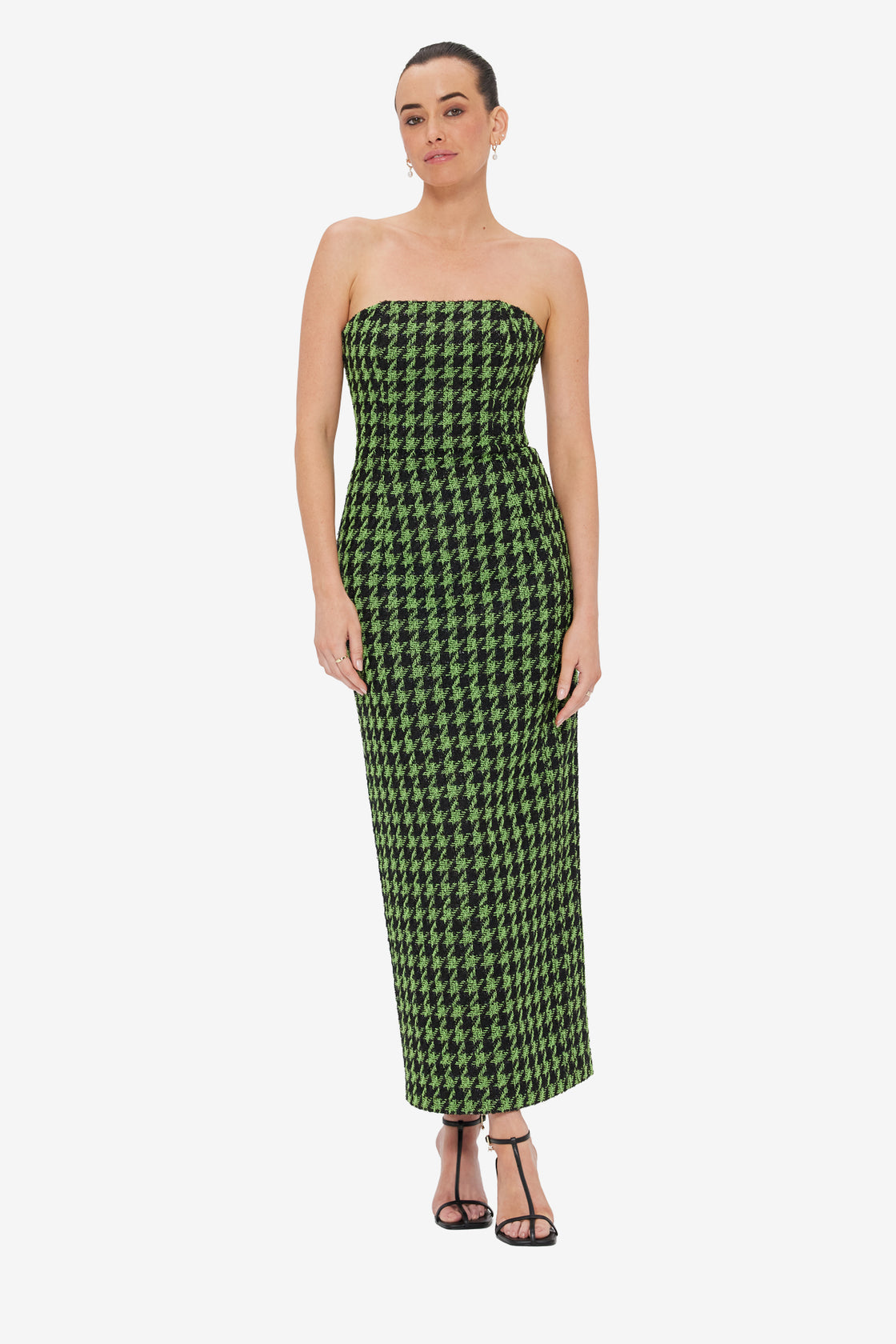 houndstooth maxi dress Plus Size Knot/Twist Ruched Sleeveless Crepe Mock Neck, Aubree Houndstooth Maxi Dress in Black/White, Size 1X,