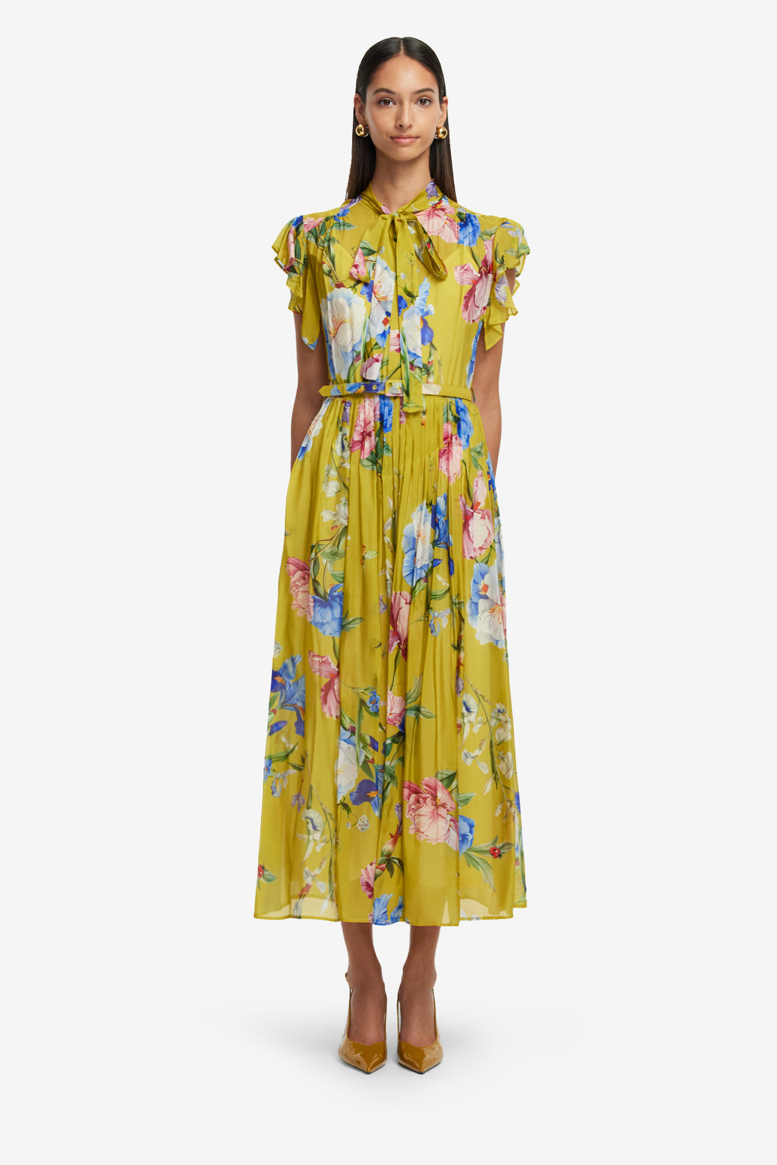 Grace Flutter Sleeve Midi Dress - Garden Print in Mustard Grace Flutter Sleeve Midi Dress - Garden Print in Mustard