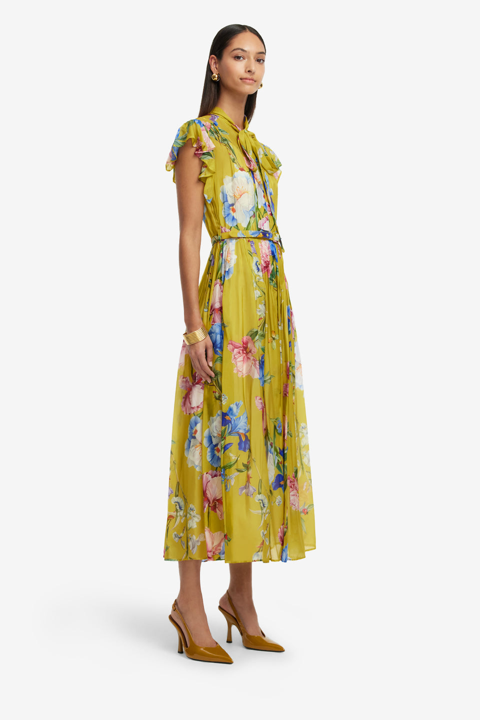 Exclusive LEO LIN Grace Flutter Sleeve Midi Dress - Garden Print in Mustard