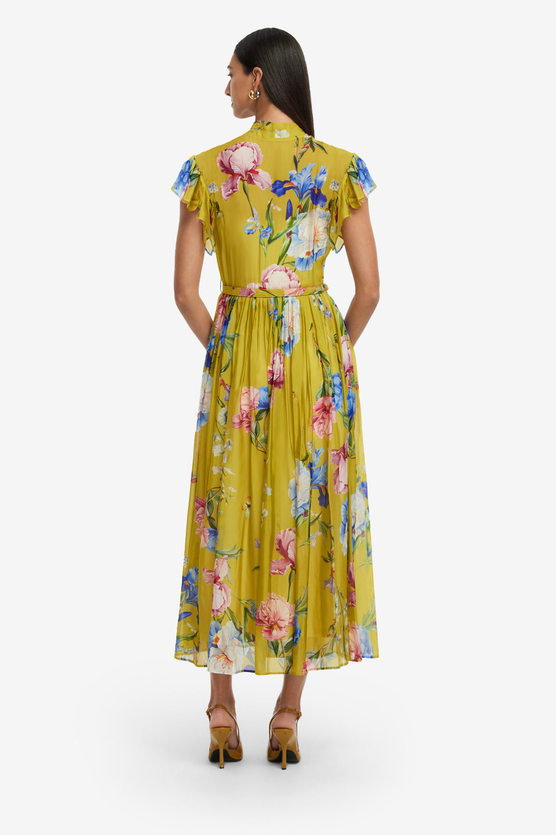 Exclusive LEO LIN Grace Flutter Sleeve Midi Dress - Garden Print in Mustard