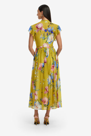 Exclusive LEO LIN Grace Flutter Sleeve Midi Dress - Garden Print in Mustard