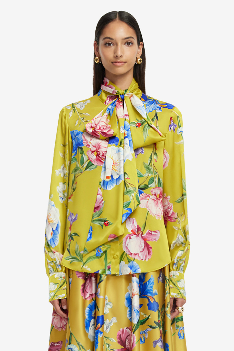 Exclusive LEO LIN Freya Tie Neck Silk Blouse - Garden Print in Mustard