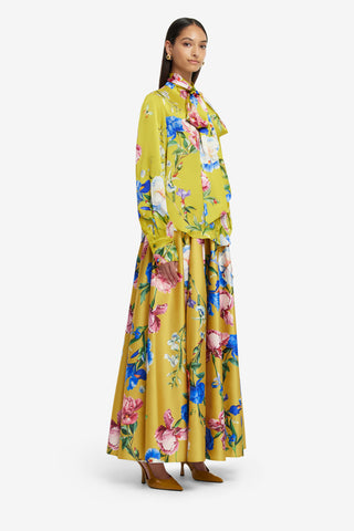 Exclusive LEO LIN Freya Tie Neck Silk Blouse - Garden Print in Mustard
