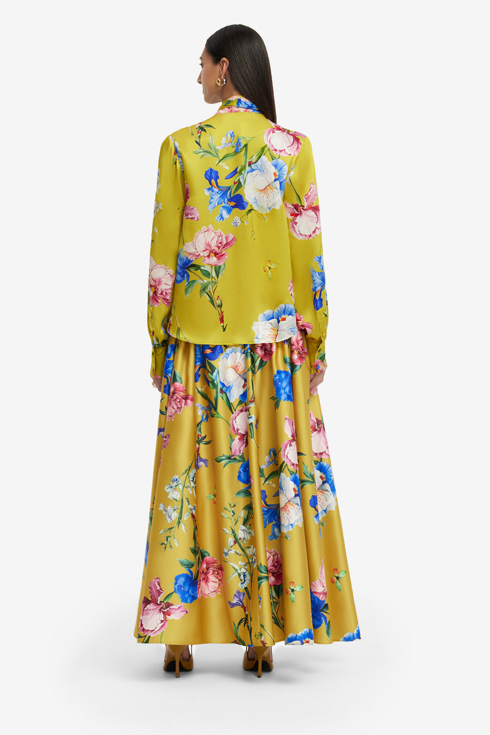Exclusive LEO LIN Freya Tie Neck Silk Blouse - Garden Print in Mustard
