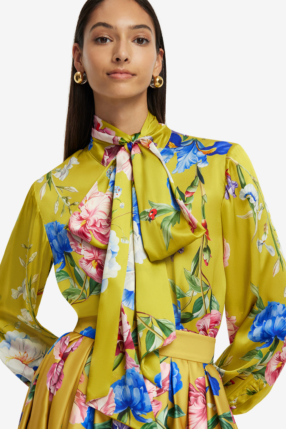 Exclusive LEO LIN Freya Tie Neck Silk Blouse - Garden Print in Mustard