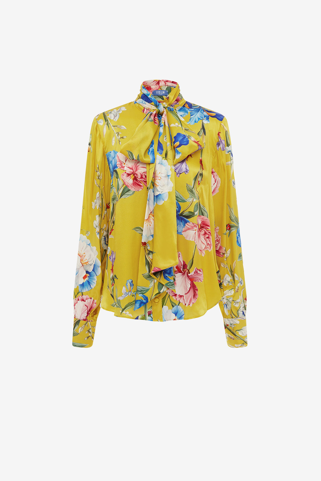 Exclusive LEO LIN Freya Tie Neck Silk Blouse - Garden Print in Mustard