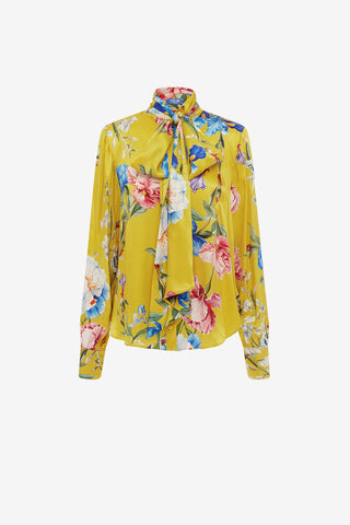 Exclusive LEO LIN Freya Tie Neck Silk Blouse - Garden Print in Mustard