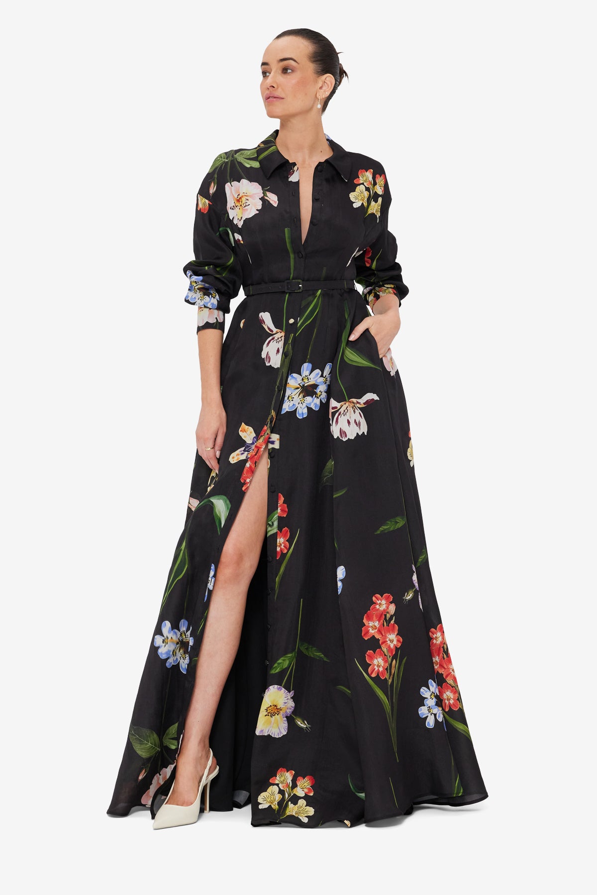 Josephine Silk Gown - Botanical Print in Ebony – LEO LIN