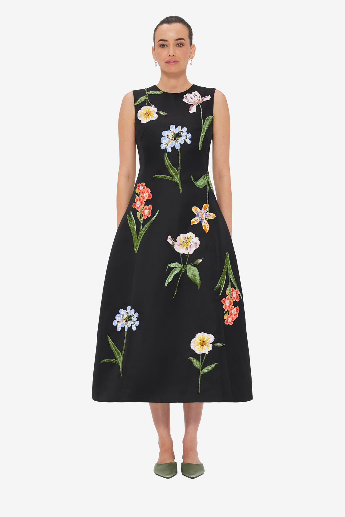 Cleo Embroidered Sleeveless Midi Dress - Botanical Print in Ebony LEO LIN Cleo Embroidered Sleeveless Midi Dress - Botanical Print in Ebony LEO LIN
