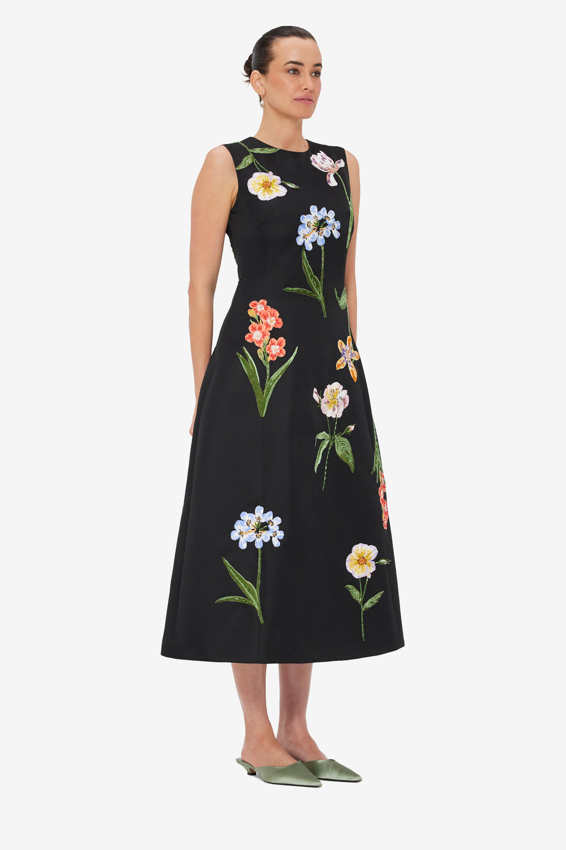 Exclusive LEO LIN Cleo Embroidered Sleeveless Midi Dress - Botanical Print in Ebony