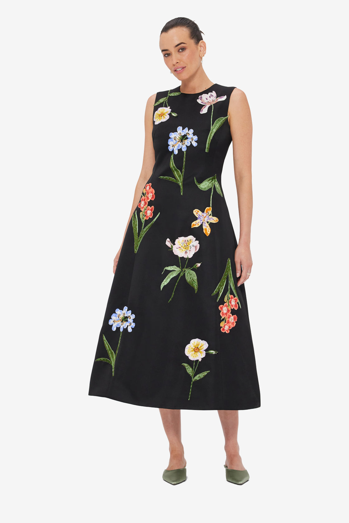 Cleo Embroidered Sleeveless Midi Dress - Botanical Print in Ebony Cleo Embroidered Sleeveless Midi Dress - Botanical Print in Ebony