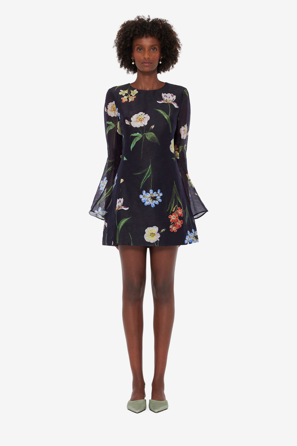 Exclusive LEO LIN Suzanne Bell Sleeve Mini Dress - Botanical Print in Ebony