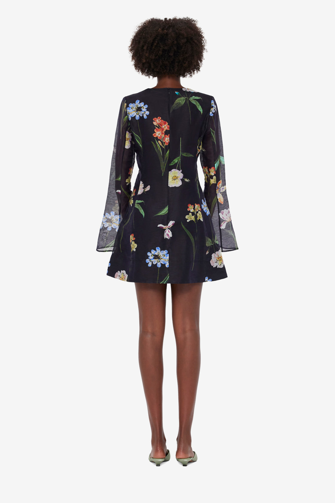 Exclusive LEO LIN Suzanne Bell Sleeve Mini Dress - Botanical Print in Ebony