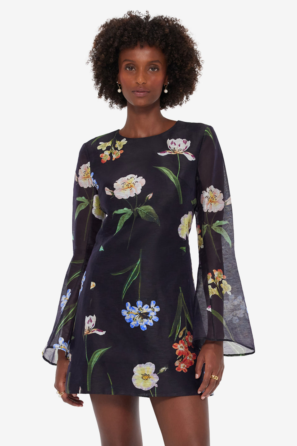 Exclusive LEO LIN Suzanne Bell Sleeve Mini Dress - Botanical Print in Ebony