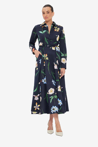 Exclusive LEO LIN Zara Shirt Midi Dress - Botanical Print in Ebony