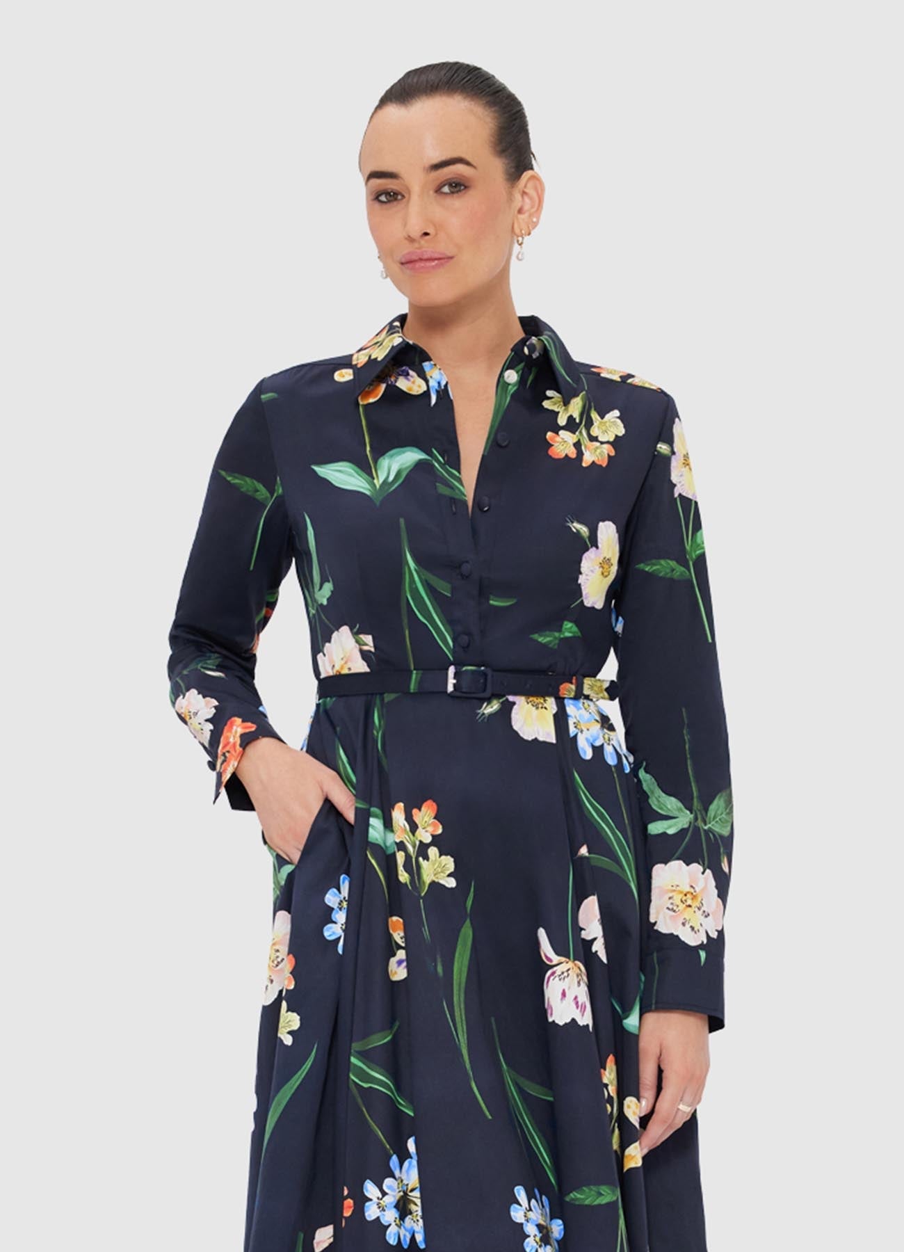 【Leo Lin】Zara Shirt Midi Dress Zara Shirt Midi Dress - Botanical Print in Ebony – LEO LIN