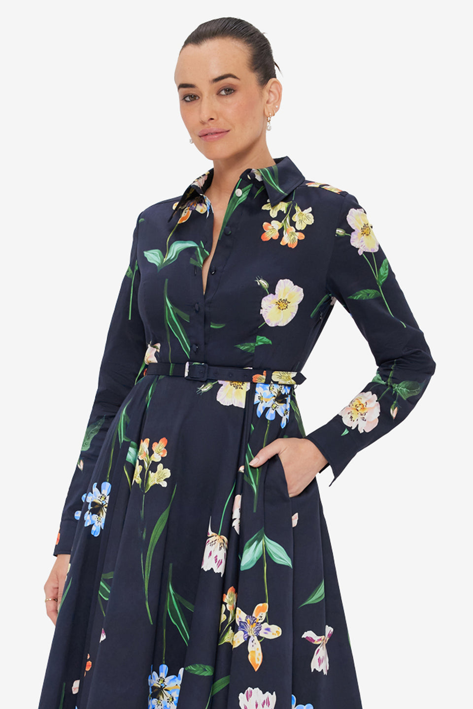 Exclusive LEO LIN Zara Shirt Midi Dress - Botanical Print in Ebony