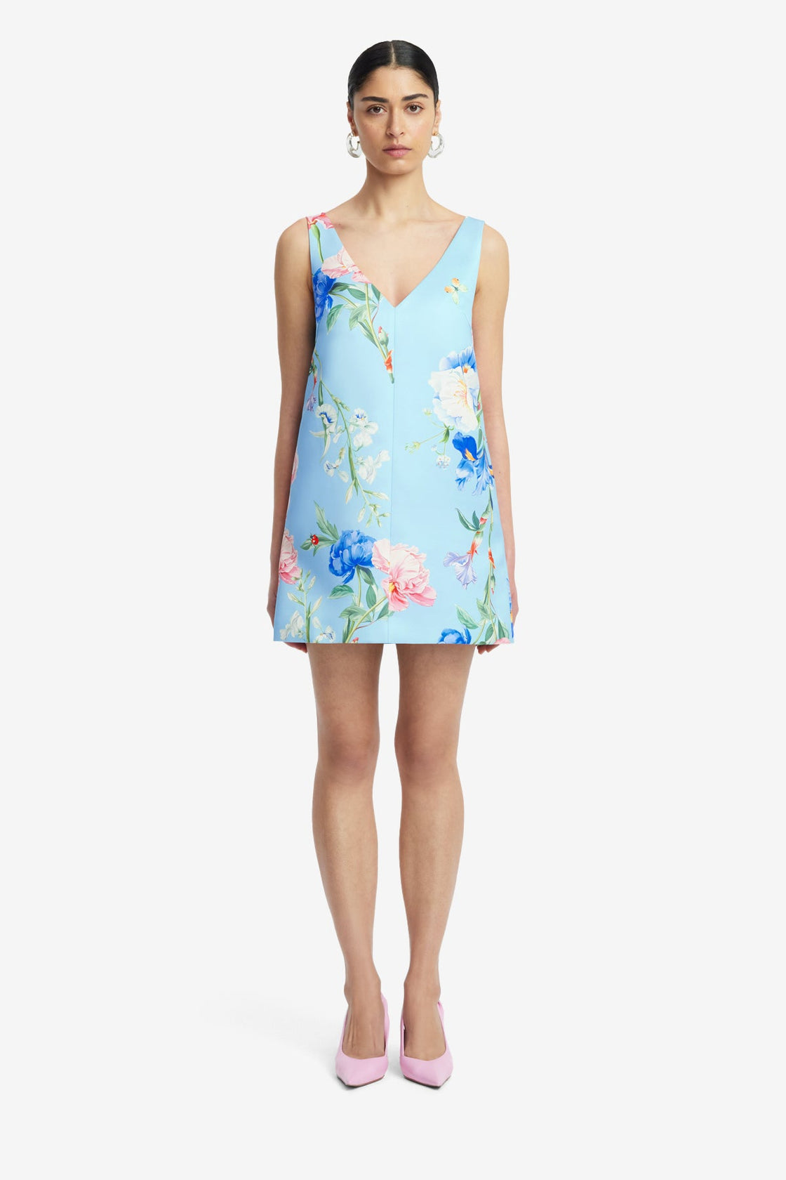 Exclusive LEO LIN Kaelyn V Neck Mini Dress - Garden Print in Baby Blue
