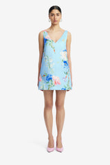 Kaelyn V Neck Mini Dress - Garden Print in Baby Blue Dress Mini