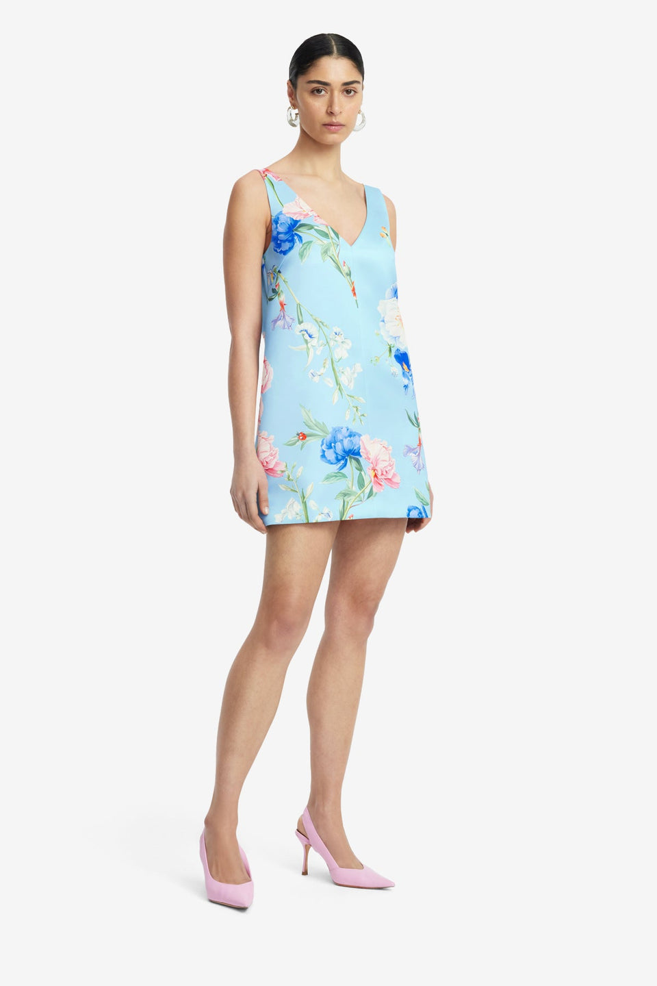 Exclusive LEO LIN Kaelyn V Neck Mini Dress - Garden Print in Baby Blue