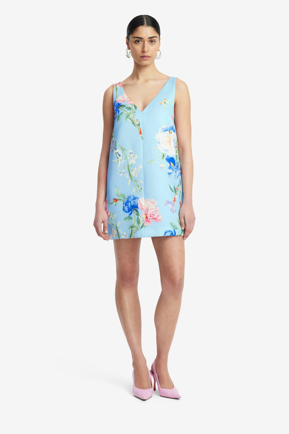 Exclusive LEO LIN Kaelyn V Neck Mini Dress - Garden Print in Baby Blue