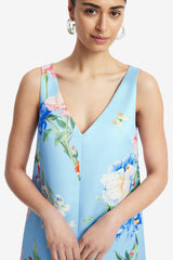 Kaelyn V Neck Mini Dress - Garden Print in Baby Blue Dress Mini
