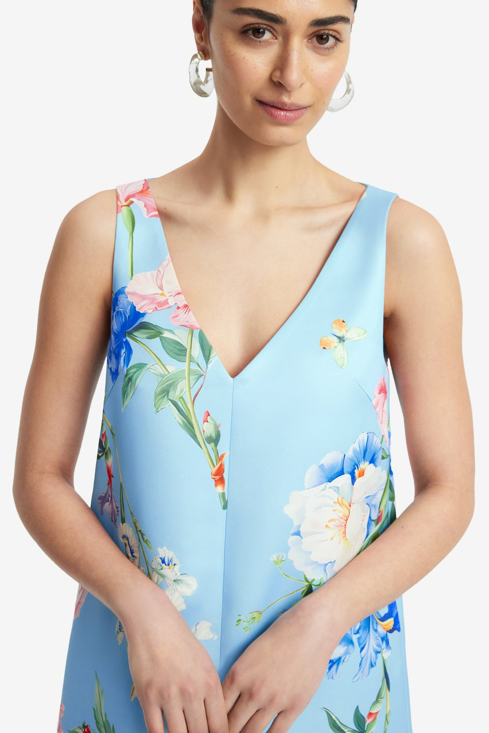 Exclusive LEO LIN Kaelyn V Neck Mini Dress - Garden Print in Baby Blue